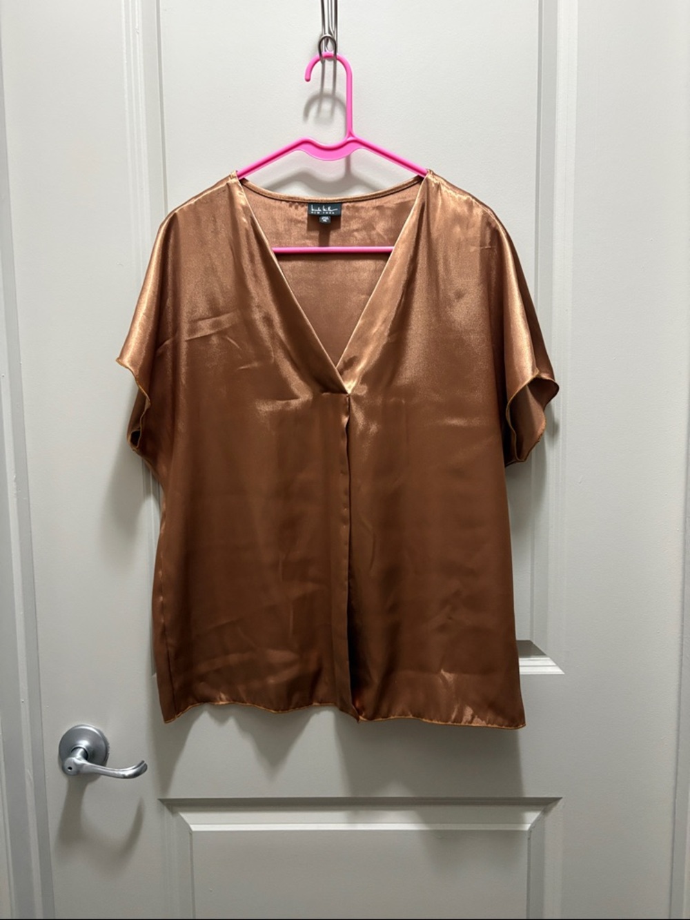 Nicole Miller Satin V-Neck Copper-Tone Blouse